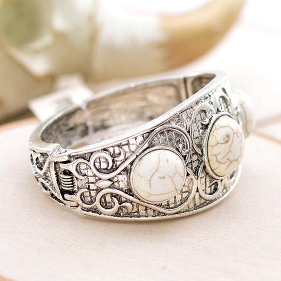 The Winona White Stone Silver Dipped Bracelet Statement Stack Western Cowgirl - Picture 5 of 5